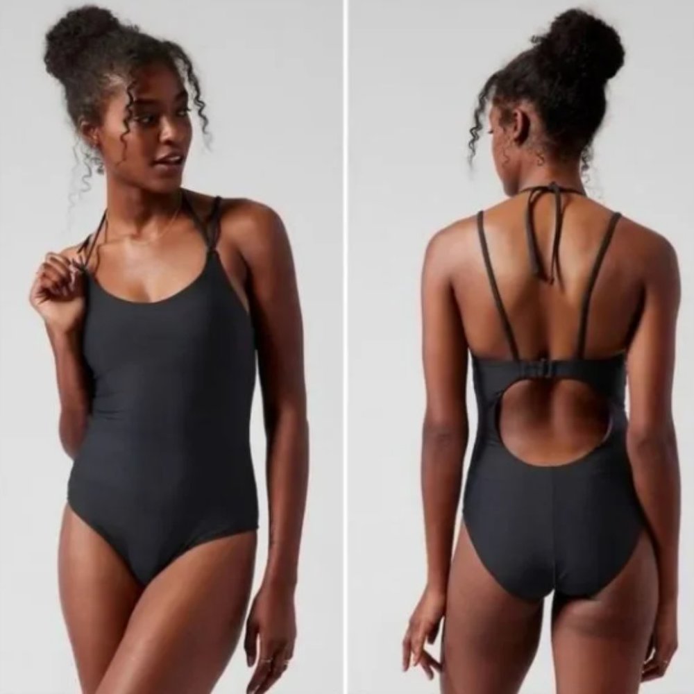 Athleta Womens Size M Swimsuit Black One Piece Sexy High Cut Leg